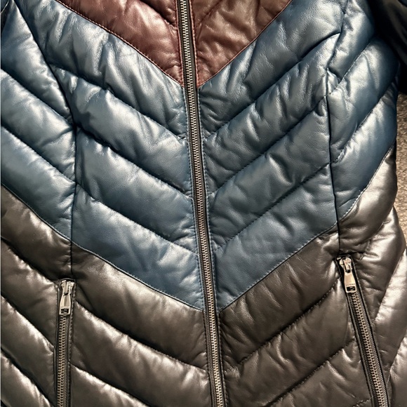 Danier Black, Blue, and Burgundy Puffer Jacket with Fur Hood - Picture 8 of 12